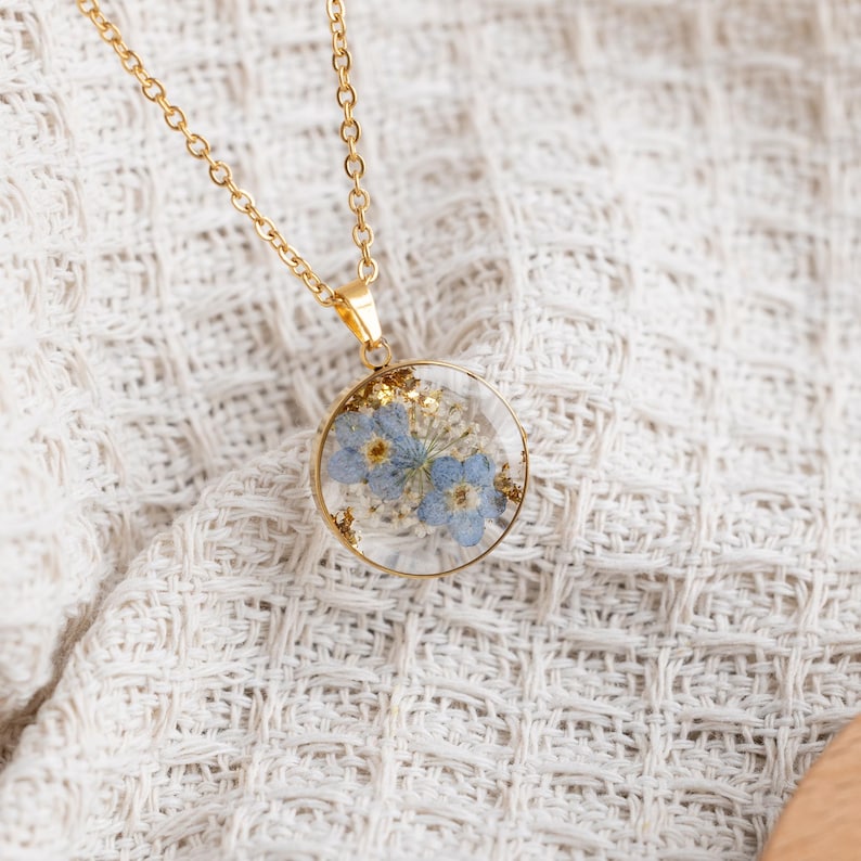 Forget Me Not Pendant Necklace, Pressed Real Flower Resin Jewelry